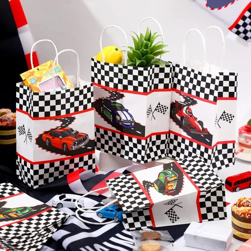 Miniatura 2 de 24 bolsas de regalo para fiestas de autos de carreras, bolsas de papel con asas para niños y niños, con temática de bandera de carreras a cuadros