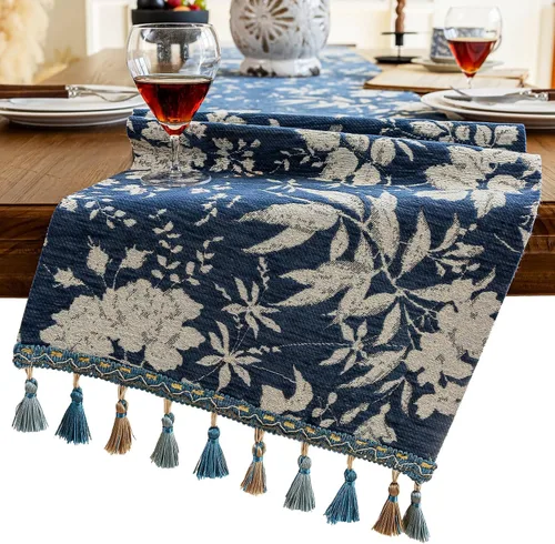 Miniatura 9 de Camino de mesa botánico floral para sala de estar, camino de mesa de comedor de flores jacquard con borlas, moderno, decorativo, elegante, natural