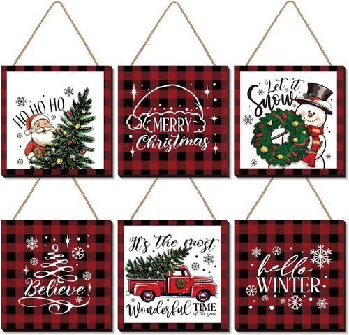 Huwena 6 carteles de madera colgantes de Navidad, decoración de pared de Navidad, decoración de Navidad a cuadros, decoración de camión de Navidad,