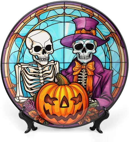 Miniatura 13 de Platos decorativos de Halloween, calabaza en el bosque, 31 de octubre por la noche, vitral, plato de cena de cerámica con soporte de exhibición