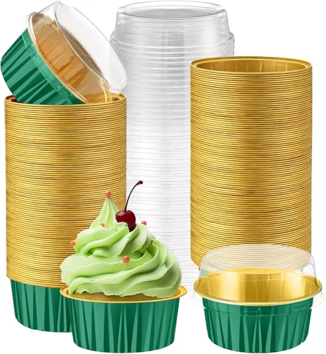 Miniatura 20 de Paquete de 200 Moldes de Papel de Aluminio para Hornear Cupcakes de 5oz Forros para Cupcakes Tazas de Postre con Tapas Moldes Desechables para Verde