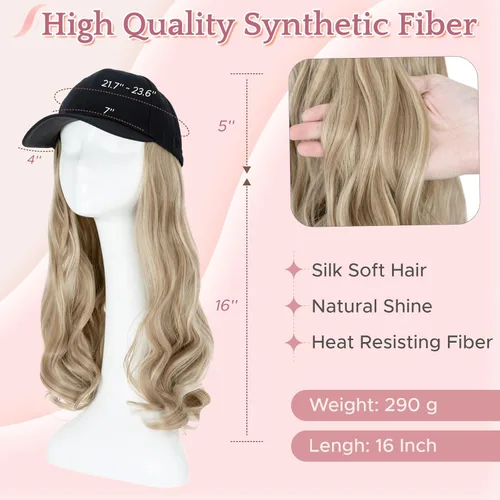 Miniatura 3 de SEGO - Peluca de gorra con pelo adjunto para mujer, gorra negra de béisbol con extensiones de pelo, gorra de béisbol larga y ondulada con ajuste
