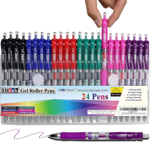 Miniatura 7 de [24 Bolígrafos - Tinta Azul] Bolígrafos de Gel Retráctiles Think2. (24 Azul) Punta Fina (0.5mm) Bolígrafos Tipo Roller con Agarre Cómodo.
