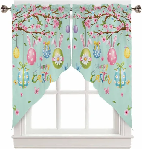 BEMIGO Cenefas con estampado de huevos de Pascua felices, decoración de cocina, bolsillo para barra, aislamiento térmico y lavable, cortinas de