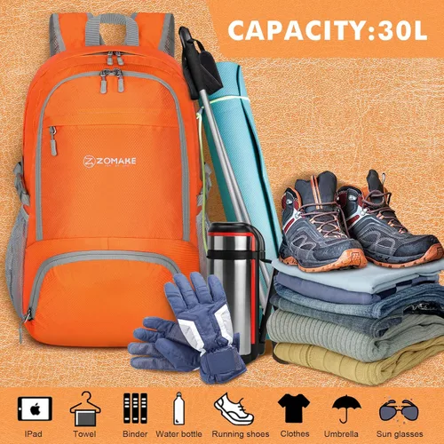 Miniatura 3 de ZOMAKE Mochila plegable ligera 30L, mochilas plegables para senderismo, mochila plegable compacta resistente al agua para viajes Naranja