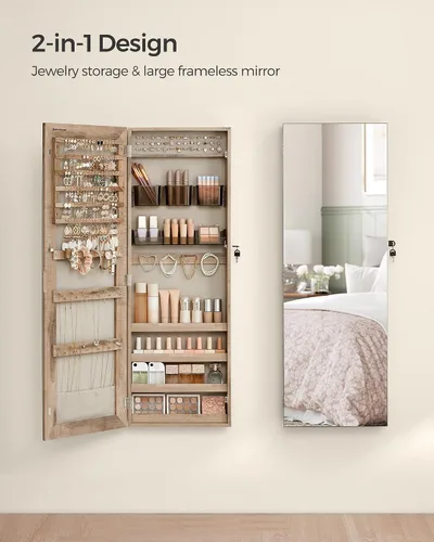 Miniatura 43 de SONGMICS Gabinete colgante de joyería, gabinete de pared con luces interiores LED, organizador de joyas montado en la puerta, espejo de cuerpo Blanco