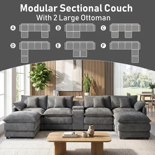 Miniatura 3 de Sofá modular de gran tamaño de 145 pulgadas, sofá de nube en forma de U, moderno juego de sofá de 6 asientos para sala de estar, cómodo asiento Gris