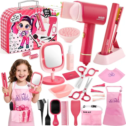 TUZT Juguetes de peluquería para niñas, juego de estuche de transporte de lujo con luces y sonidos de función real, espejo de maquillaje eléctrico,