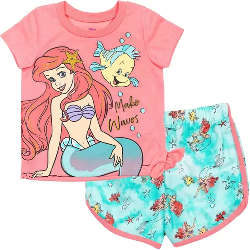 Disney Frozen Moana Princess Tiana - Conjunto de camiseta con peplum floral y pantalones cortos de felpa francesa para niños pequeños a grandes