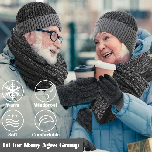 Miniatura 7 de Guantes para hombre para clima frío invierno cálido de felpa gris oscuro gorro de punto grueso para Navidad Año Nuevo regalo de cumpleaños