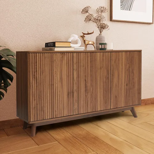 Miniatura 11 de Armario de almacenamiento estriado, aparador de buffet moderno con estantes ajustables, aparador independiente con puertas dobles, armario Nogal