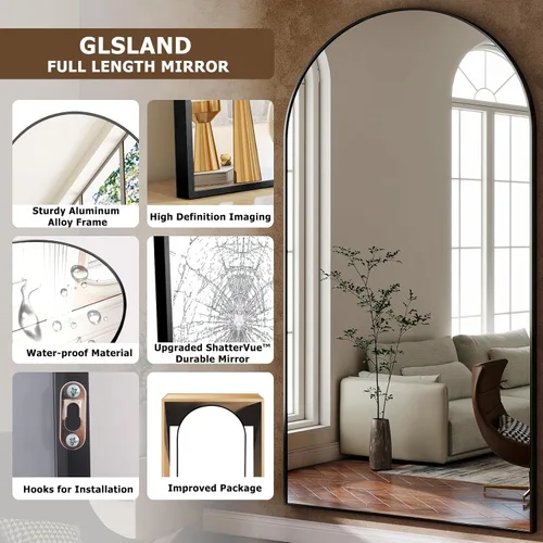 Miniatura 5 de GLSLAND - Espejo de pared con forma de arco de 34 x 76 pulgadas, espejo de cuerpo completo con marco de aleación de aluminio de alta definición