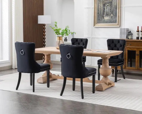 Miniatura 8 de KCC Nikki Collection - Juego de 2 sillas de comedor de terciopelo tapizadas de alta gama con anillo trasero de clavo, patas de madera maciza