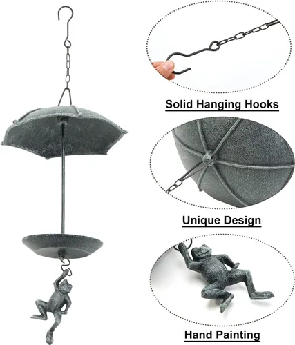 Miniatura 6 de Sungmor Comedero decorativo colgante para pájaros, baño de pájaros de hierro fundido impermeable, diseño único de paracaidismo de rana verde