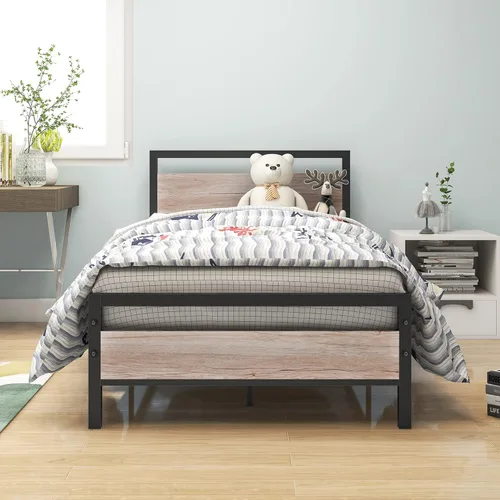 HOJINLINERO Marco de cama individual con cabecera de madera, marco de cama de metal con plataforma individual, no necesita somier, listones de acero