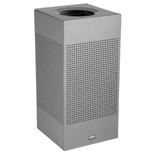 Rubbermaid Commercial Products Silhouette Cubo de basura cuadrado con tapa abierta, 16 galones, plateado metálico, interior para oficinas/vestíbulos