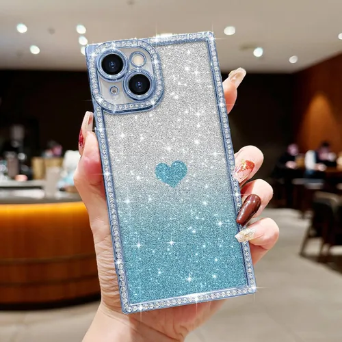 Miniatura 5 de Funda para iPhone 13, funda de diamantes de imitación de lujo con patrón de corazón de amor de cristal [papel con purpurina extraíble], parachoques