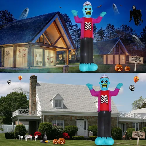 Miniatura 6 de 12 pies de decoración inflable de Halloween para exteriores, esqueleto zombi azul espeluznante con luces LED, decoración inflable para fiestas