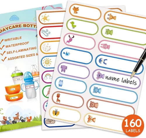 Miniatura 10 de 160 etiquetas para biberones para guardería, etiquetas impermeables para nombres de niños, autolaminables, autolaminables, para guardería, varios