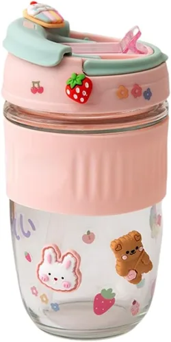 Miniatura 7 de Taza de viaje Kawaii con calcomanías 3D, doble modo de beber con pajilla, taza de viaje portátil a prueba de derrames con asa para café, té, leche