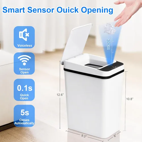 Miniatura 4 de Anborry - Cubo de basura inteligente sin contacto para baño de 8.3 litros con sensor de movimiento automático, cubo de basura eléctrico estrecho