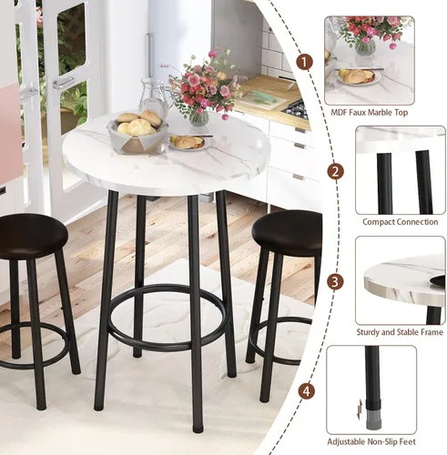 Miniatura 3 de Juego de mesa de comedor, mesa redonda de mármol sintético de 23.6 pulgadas con 2 sillas de respaldo tapizadas de poliuretano, juego de cocina