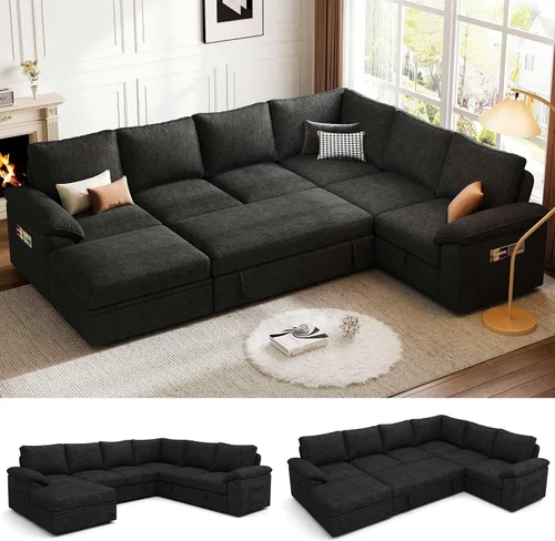 Miniatura 17 de Sofá Seccional Modular de 85 Pulgadas con Cama Extraíble, Sofá Cama Seccional en Forma de L de 5 Asientos con Almacenamiento, Sofás Seccionales
