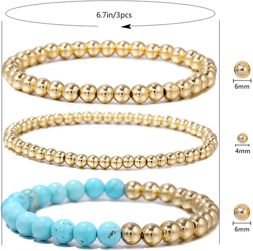 Miniatura 4 de YBMYCM - Brazalete de cuentas chapadas en oro de 14 quilates, delicado y apilable, para mujeres y niñas
