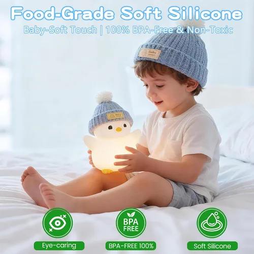 Miniatura 4 de FAMIDUO Luz nocturna de pingüino para niños, adorable lámpara de pingüino con sombrero, luz nocturna de silicona de grado alimenticio, recargable