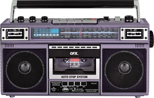 Miniatura 12 de QFX J-220BT Boombox MP3 Conversión de radio a casete con radio de 4 bandas (AM, FM, SW1, SW2) con Bluetooth, batería recargable, altavoces duales