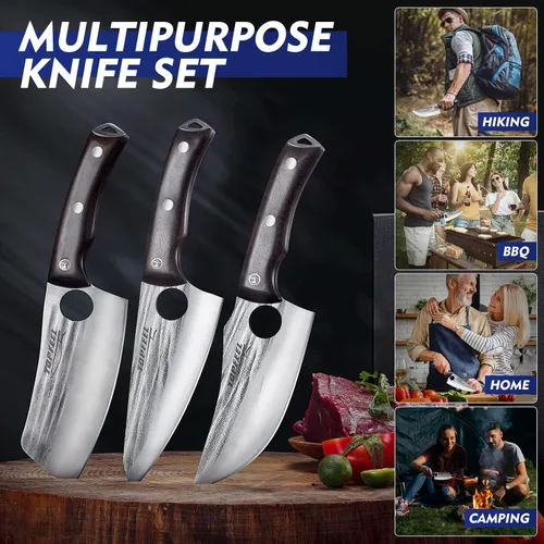 Miniatura 3 de Topfeel Juego de 3 Cuchillos de Carnicero Cuchillo de Chef Forjado a Mano Cuchillo para Deshuesar, Cuchillos de Corte de Carne de Acero con Alto
