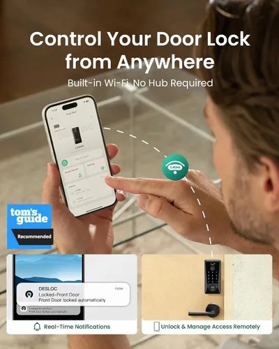 Miniatura 2 de DESLOC D110 Plus Cerradura inteligente incorporada con Wi-Fi con 2 manijas de palanca, juego de cerradura de puerta de entrada sin llave con huellas
