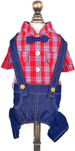SMALLLEE_LUCKY_STORE Ropa para mascotas, disfraz de cachorro, overol de mezclilla para perros pequeños y medianos, gatos, niños, camisa a cuadros