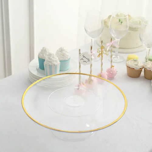 Miniatura 8 de Tableclothsfactory Paquete de 2 elevadores de plástico transparente de 12 pulgadas con borde dorado para cupcakes y postres, soporte desechable