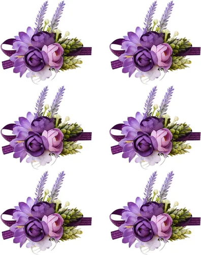 Miniatura 9 de 6 piezas de flores artificiales para boda, ramillete de simulación de rosas pequeñas moradas, accesorios de flores artificiales para novia, novio