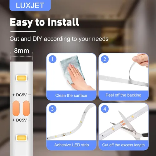 Miniatura 8 de LUXJET - Luz recargable con sensor de movimiento para armario, tira LED flexible de 1 m con 30 luces LED, sensor PIR y de luz, luz nocturna blanca