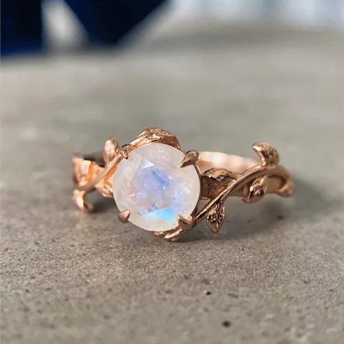 Miniatura 5 de ASANA - Anillo de compromiso único de piedra lunar para mujer, oro rosa de 14 quilates sobre plata de ley, anillo de compromiso único, banda