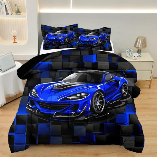 Miniatura 9 de Juego de Ropa de Cama Individual para Niños con Coches de Carrera, Juego de Edredón de Tamaño Individual con Coche Deportivo Azul para Niños, Juego
