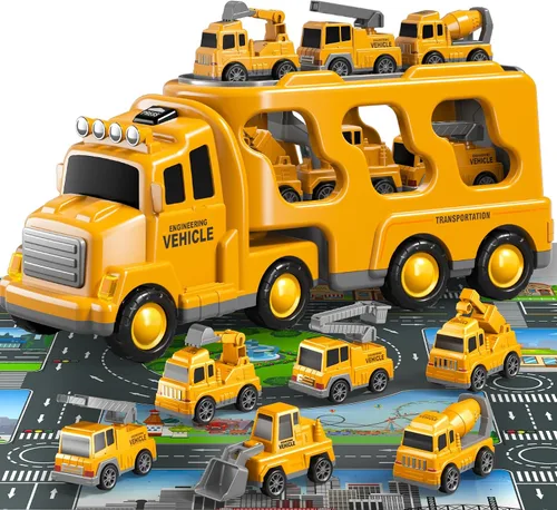 Miniatura 12 de Beby Buty Camiones de Construcción 5 en 1 para Niños de 3-5 años, Juguetes de Coches y Camiones para Niños Pequeños con Luz y Sonido, Incluye Grúa