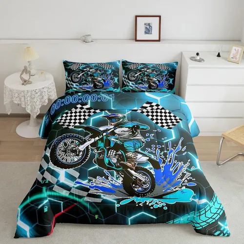 Miniatura 21 de Erosebridal Juego de edredón individual de motocicleta de carreras para niños, juego de ropa de cama de panal con luces de neón azules, motocross