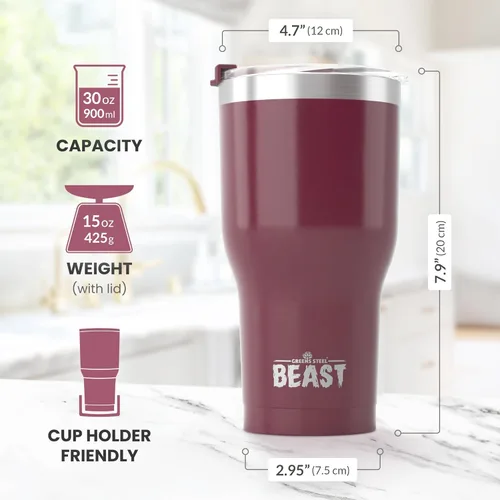 Miniatura 7 de Beast Vaso Térmico de 30 oz de Acero Inoxidable con Aislamiento al Vacío para Café y Hielo de Doble Pared Termo de Viaje (Rojo Arándano)