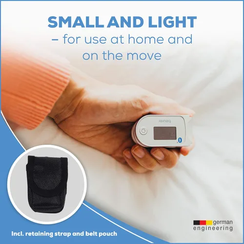 Miniatura 7 de Beurer Oxímetro de pulso digital Bluetooth para la punta del dedo, monitor de saturación de oxígeno en sangre y frecuencia cardíaca con accesorios
