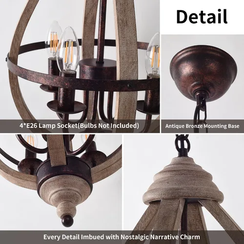 Miniatura 7 de Lámpara colgante de madera con forma de lágrima vintage, lámpara de granja con acabado de madera envejecida y bronce para isla de cocina, comedor
