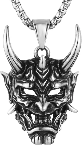 HZMAN Collar gótico para hombre, máscara de Prajna, acero inoxidable, plata, malvado, demonio, fantasma, cuerno, calavera, colgante, Metal, No es