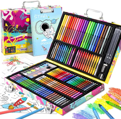 Suministros de arte, juego de 180 piezas para dibujar y pintar para niños, niñas, niños, adolescentes, juego de arte para colorear con estuche de