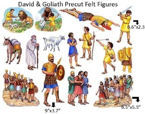 David & Goliath - Figuras de fieltro bíblico para historias de tableros de franela, guía de lecciones y página de actividades, figuras de tamaño