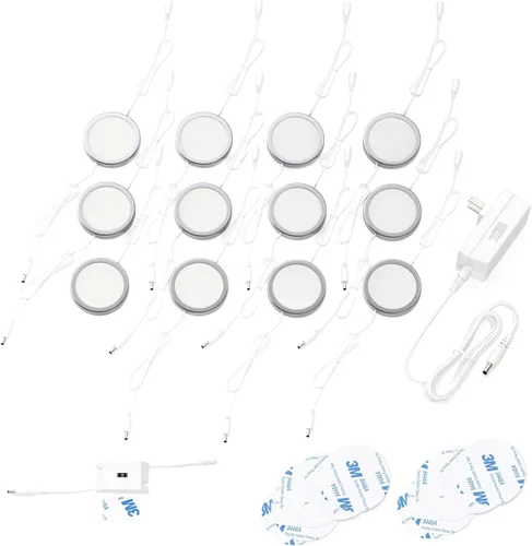 EShine Luces de disco para debajo del gabinete con sensor de onda manual, luces LED circulares para gabinete, regulables, paquete de 12, blanco frío