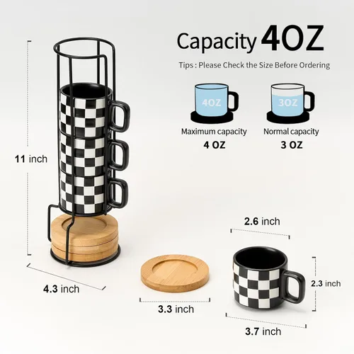 Miniatura 2 de LUKA Tazas de Porcelana Apilables a Cuadros Blancos y Negros para Espresso con Platillos y Soporte de Metal, Juego de Tazas Pequeñas de Cerámica