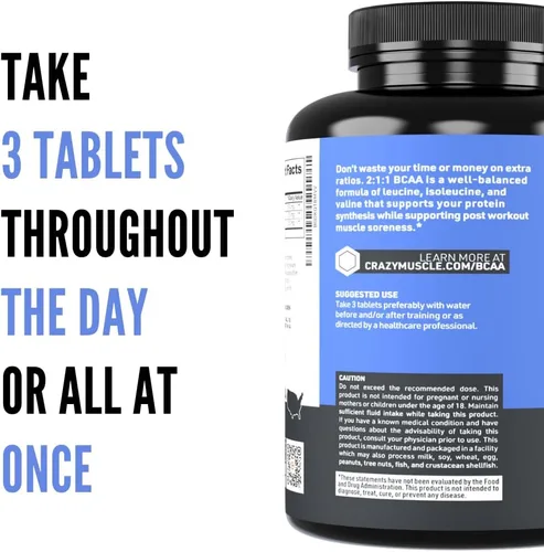 Miniatura 7 de Crazy Muscle Pastillas BCAA con la proporción perfecta 2:1:1 de aminoácidos de cadena ramificada suplemento – 1000 mg de BCAA por píldora