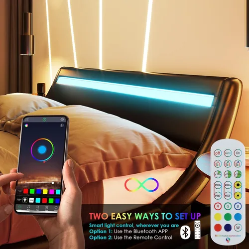 Miniatura 4 de Keyluv Marco de cama LED tapizado tamaño completo con cabecero, moderna plataforma de perfil bajo con fuerte soporte de listones, marco de cama